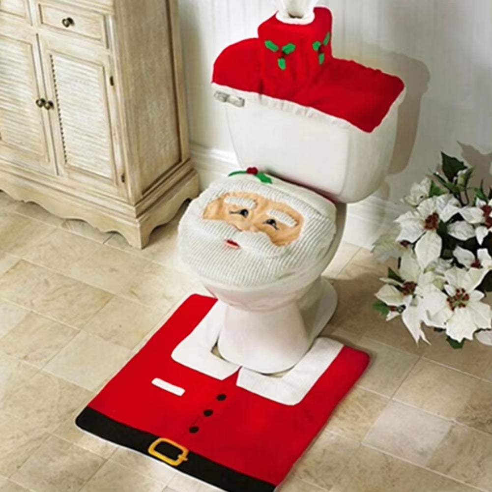 Elegant Santa Claus Toilet Seat Covers and Bathroom Mat Set for Holiday Home Decor and New Year Gifts