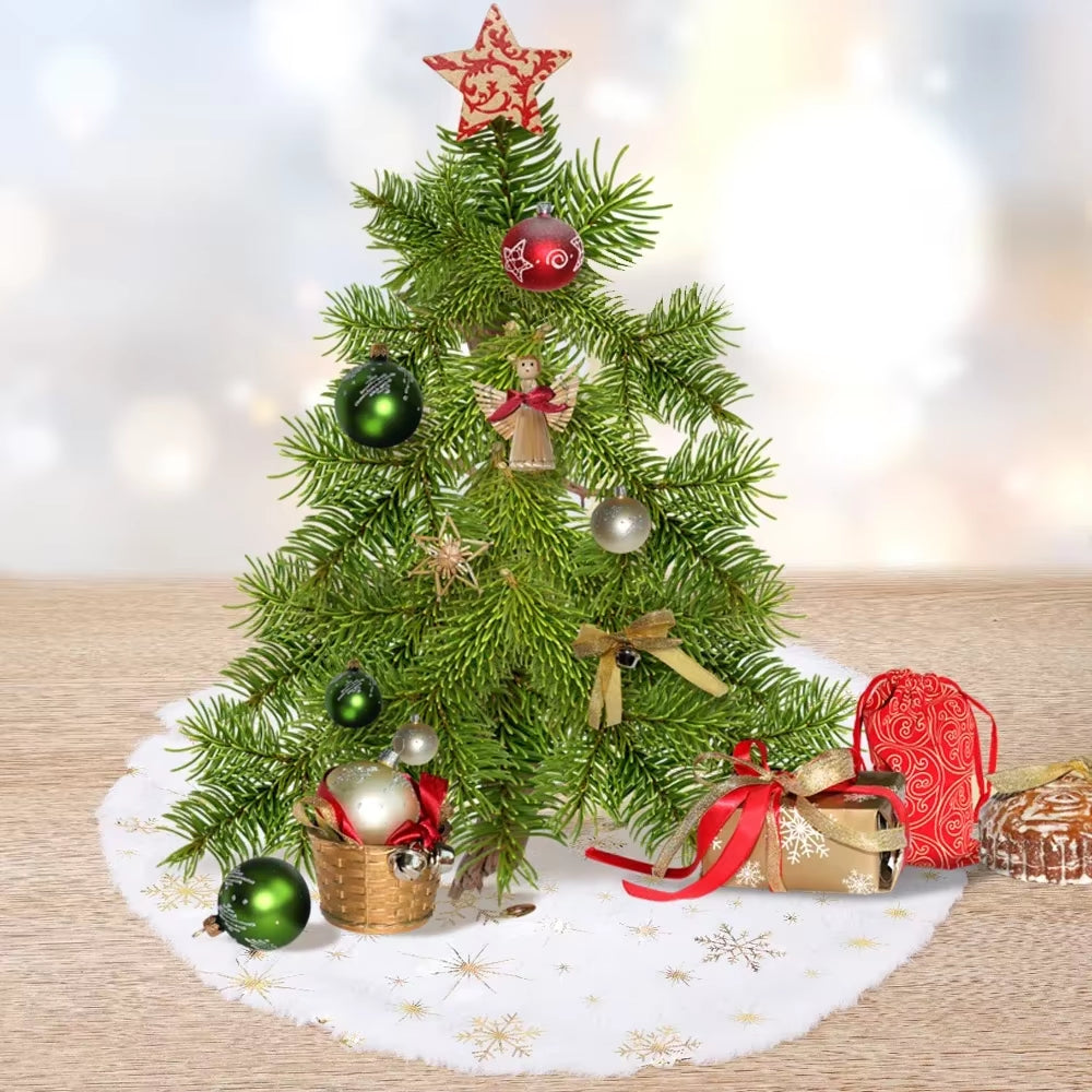 38CM Plush Christmas Tree Skirt with White Snowflakes - Faux Fur Base Cover for Holiday Decorations