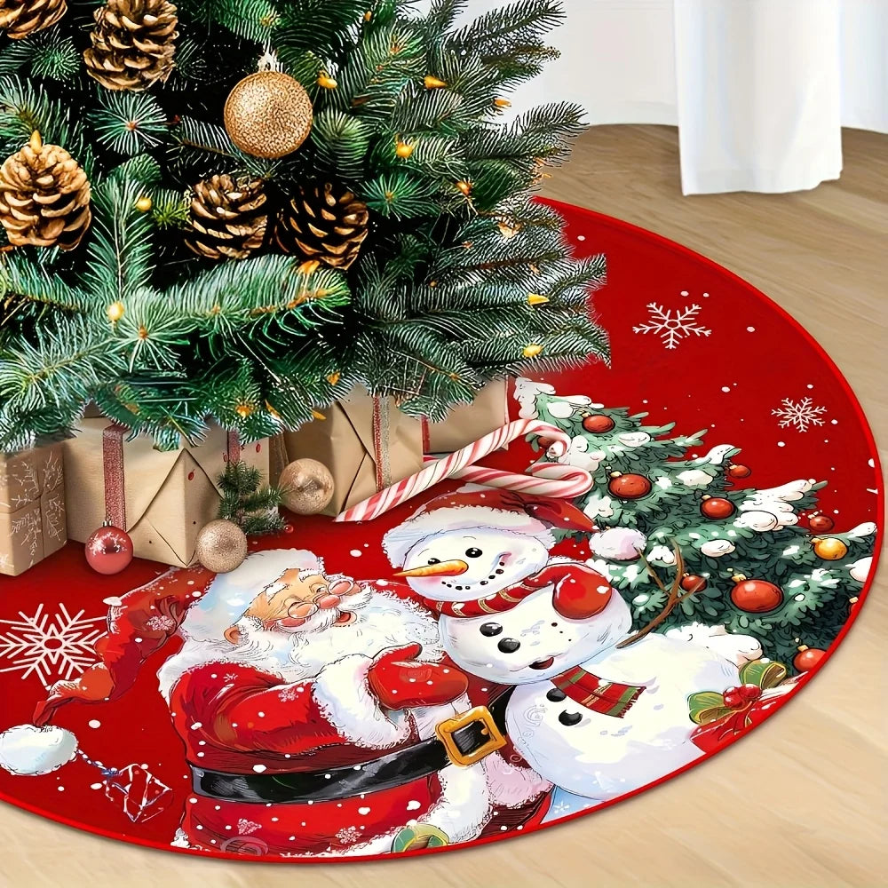 VIKAMA Red Christmas Tree Skirt with Snowflake and Santa Print - Festive Cushion Decoration