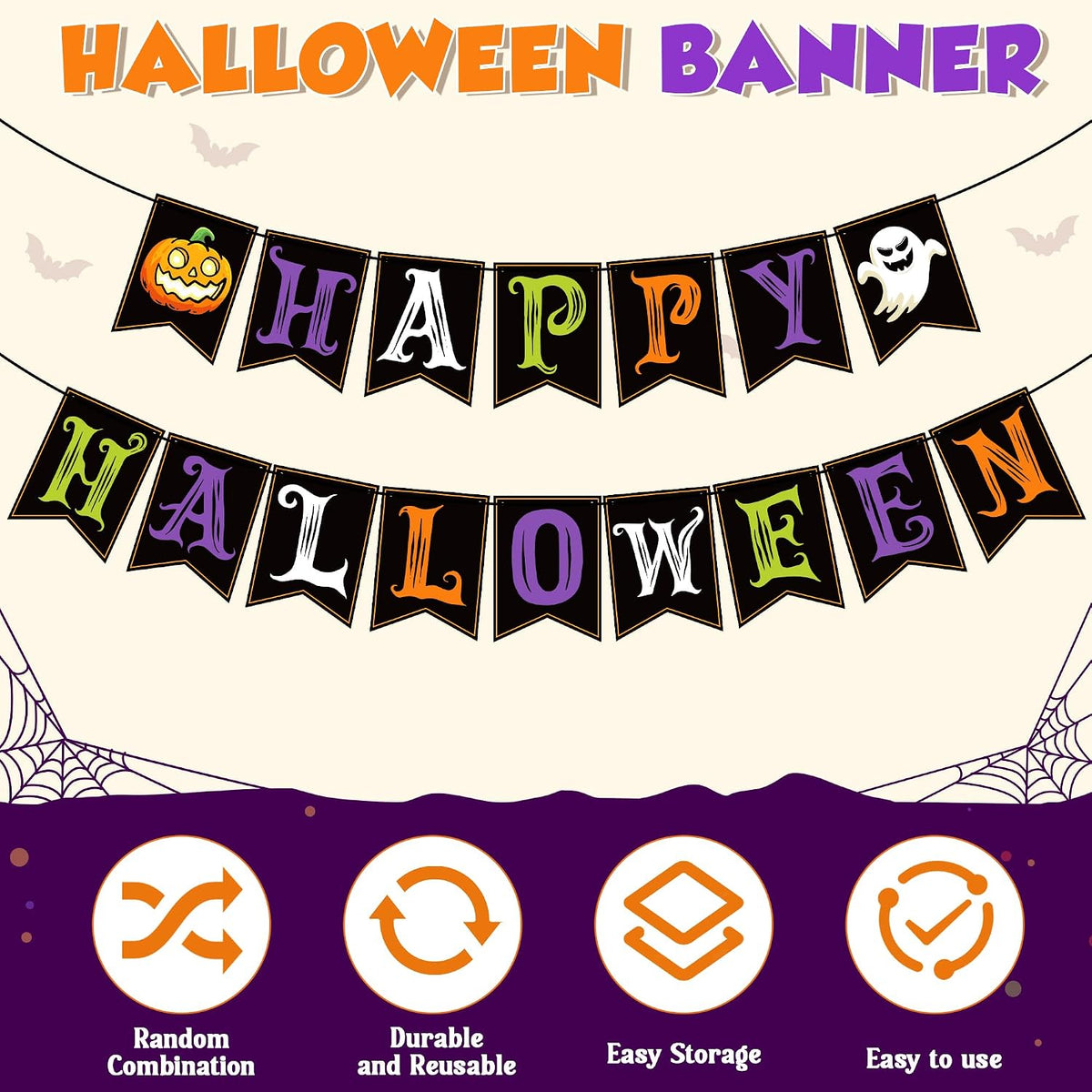 Halloween Decorations - Festive Happy Halloween Banner | Indoor and Outdoor Party Decor - Trunk or Treat Backdrop Garland and Hanging Supplies for Celebrations
