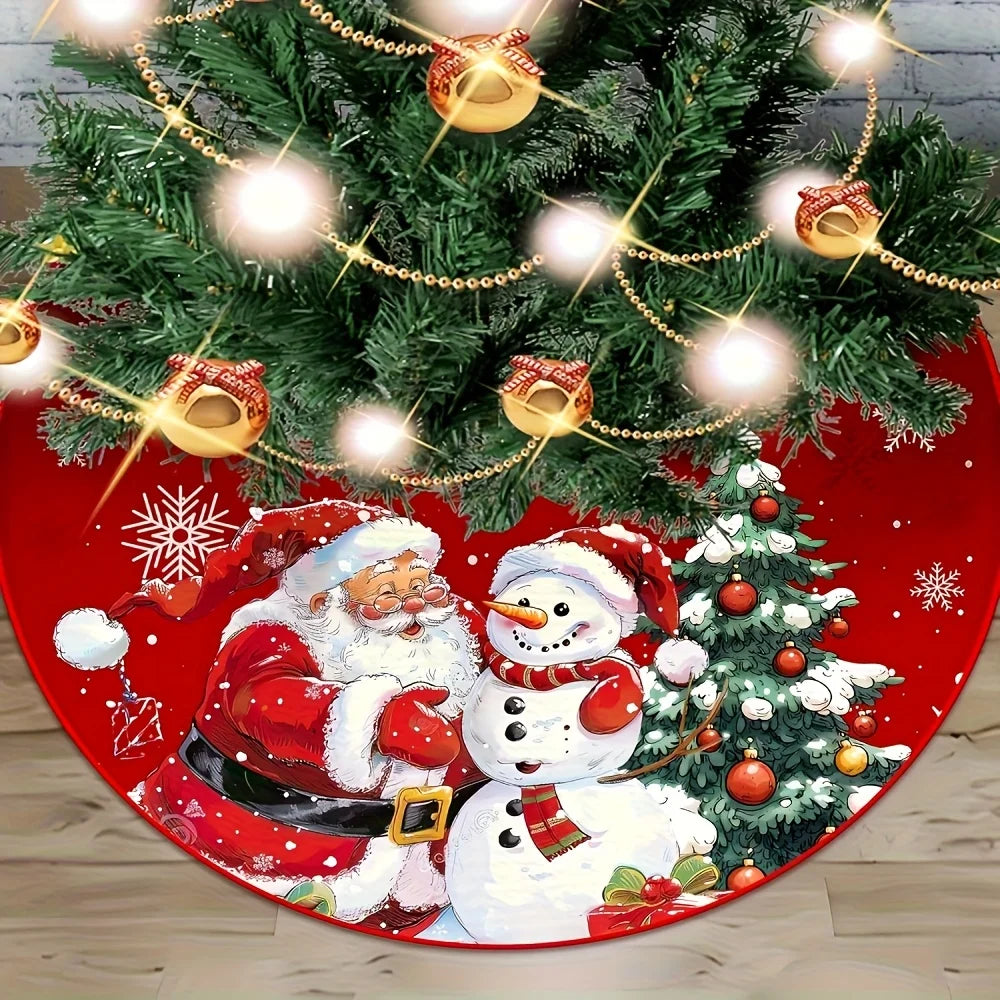 VIKAMA Red Christmas Tree Skirt with Snowflake and Santa Print - Festive Cushion Decoration