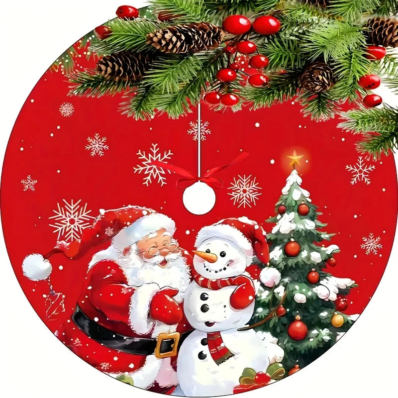 VIKAMA Red Christmas Tree Skirt with Snowflake and Santa Print - Festive Cushion Decoration