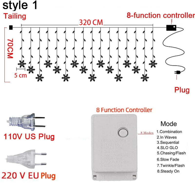 LED Snowflake Fairy Light Curtain Light Garland Christmas Decoration for Home 2023 Xmas String Light Navidad Natal New Year 2024