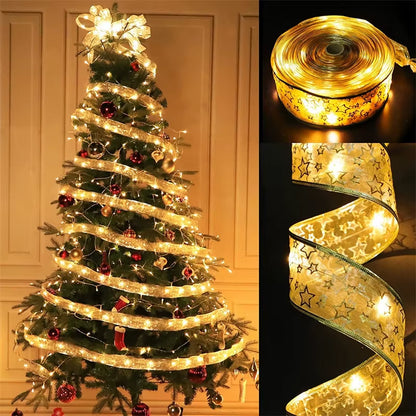 2025 LED Ribbon String Lights for Christmas Tree Decorations, DIY Lace Bows, and Home Decor for the New Year