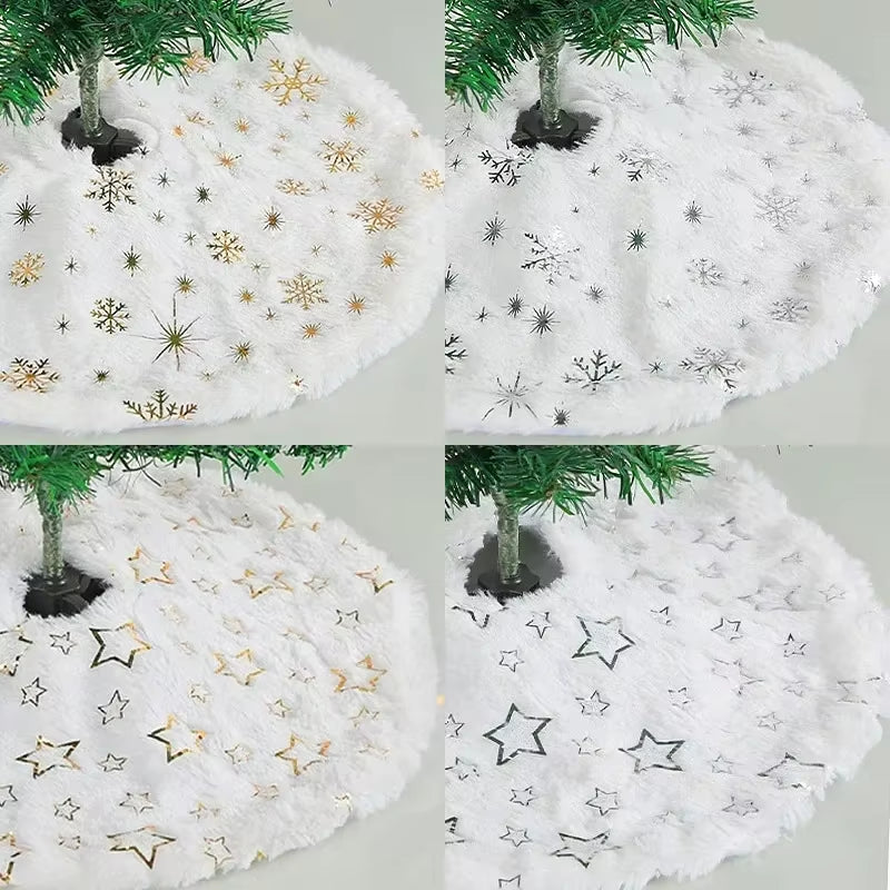 38CM Plush Christmas Tree Skirt with White Snowflakes - Faux Fur Base Cover for Holiday Decorations