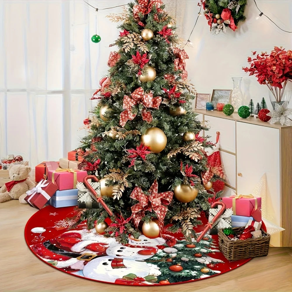 VIKAMA Red Christmas Tree Skirt with Snowflake and Santa Print - Festive Cushion Decoration