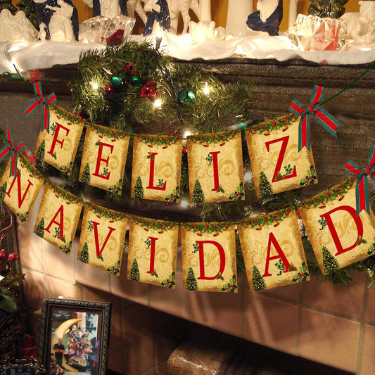 Vintage Merry Christmas and Feliz Navidad Banner for Indoor Holiday Decorations, Office Parties, and Fireplace Mantle Decor