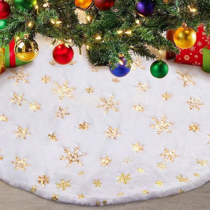 38CM Plush Christmas Tree Skirt with White Snowflakes - Faux Fur Base Cover for Holiday Decorations